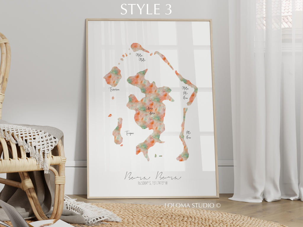 Bora Bora Map French Polynesia Portrait Physical Print or Canvas