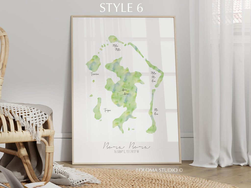 Bora Bora Map French Polynesia Portrait Physical Print or Canvas