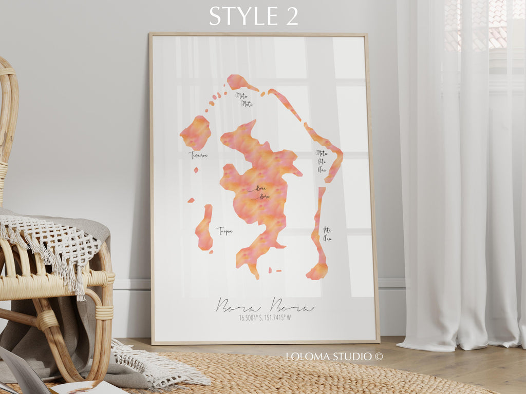 Bora Bora Map French Polynesia Portrait Physical Print or Canvas