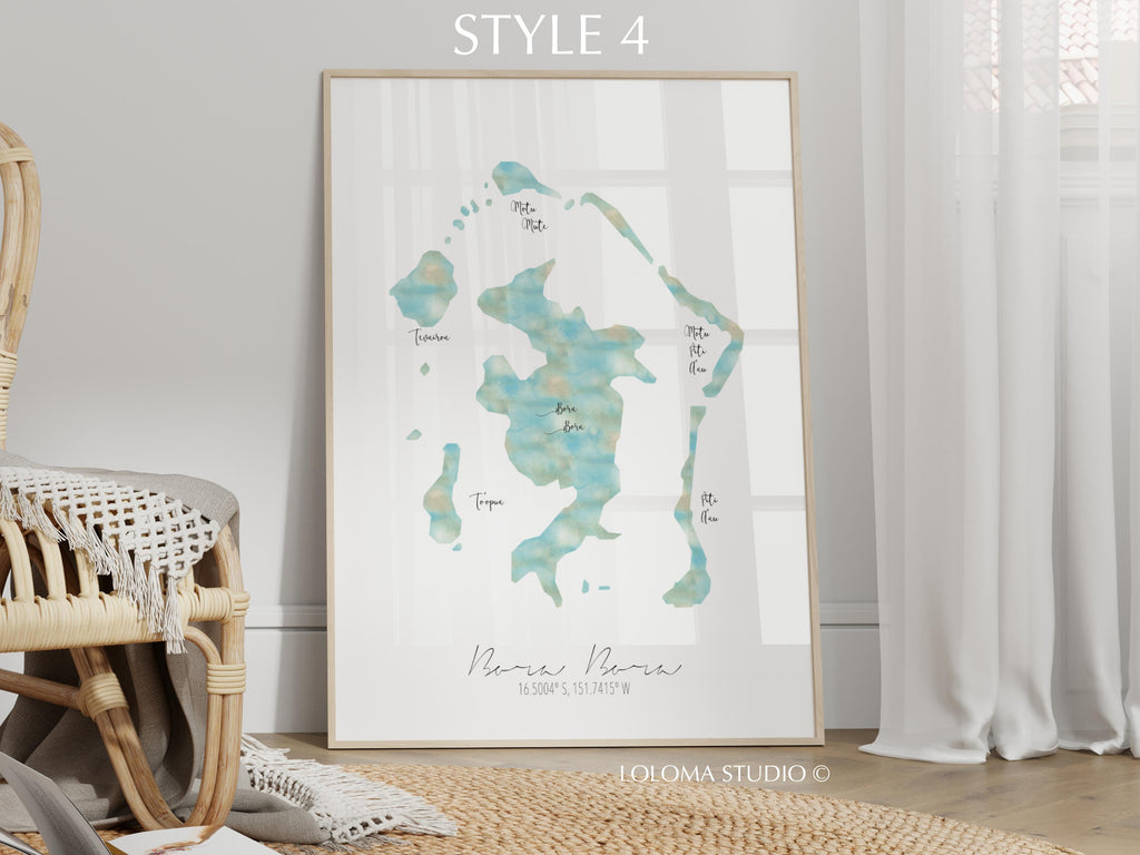 Bora Bora Map French Polynesia Portrait Physical Print or Canvas