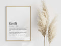Framed print with the word 'famili' and its definition on a white wall with decorative plants.